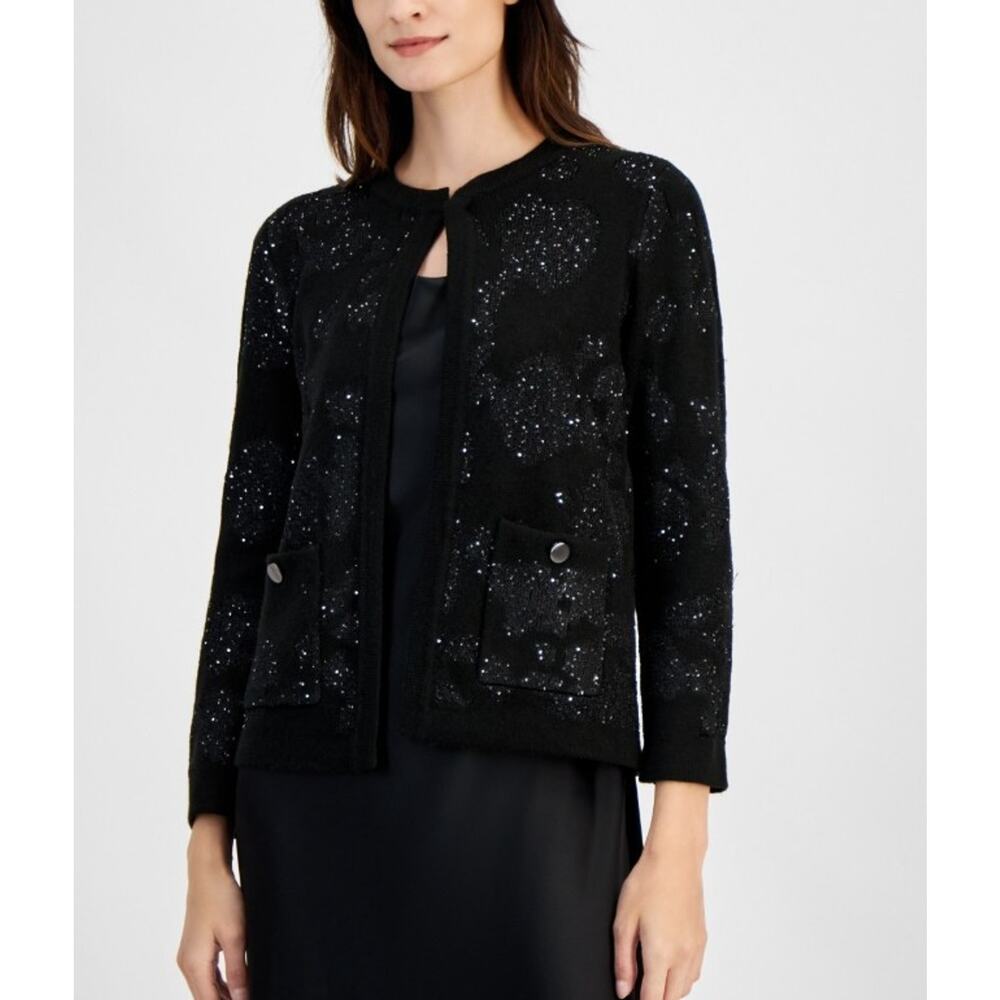 Anne Klein Women's Open-Front Patch-Pocket Sequin Cardigan Black Size M